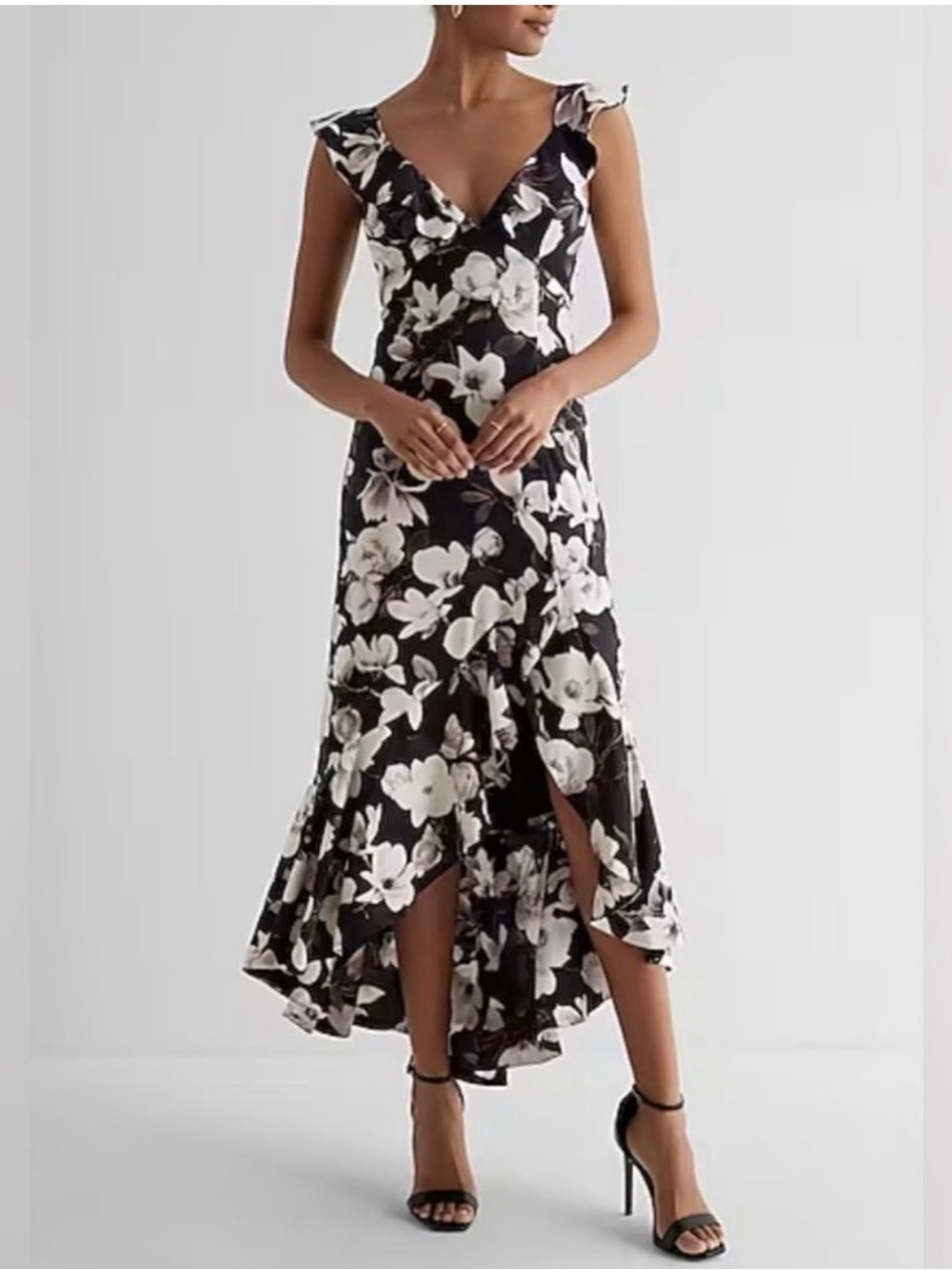 Express Black Floral High-Low V-Neck Ruffle Dress